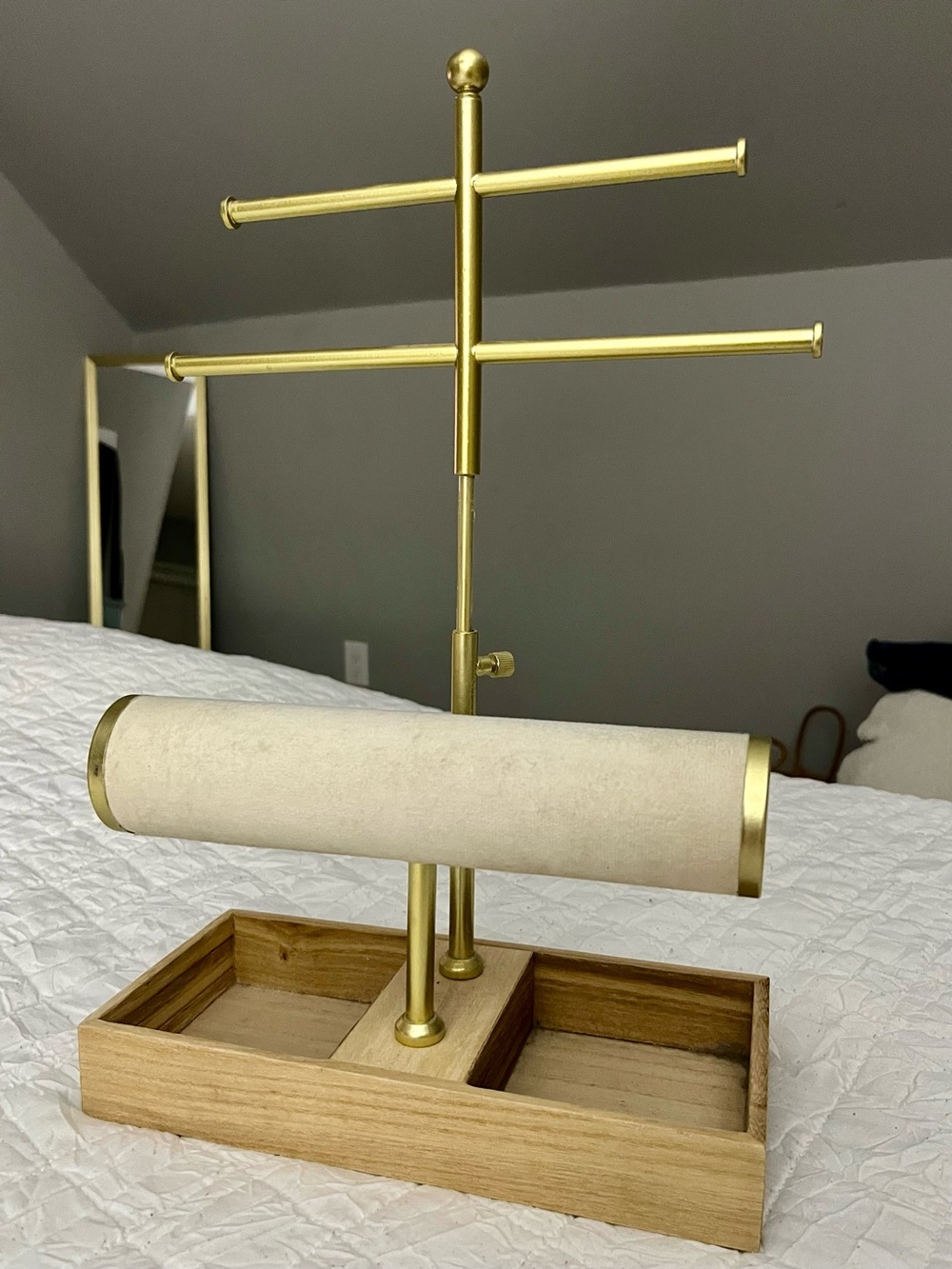 Gold Jewelry Stand with Wood Base